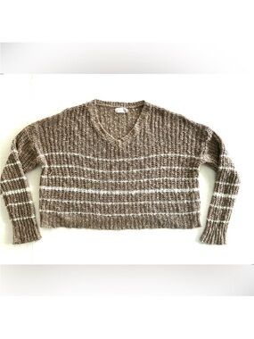 Altar'd State Boxy Tan White Stripes Cropped V Neck Oversized Sweater Women’s XS